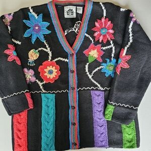 NWT VTG Storybook Knits Floral Embroidered Colorblock Cardigan Sweater 90s Retro